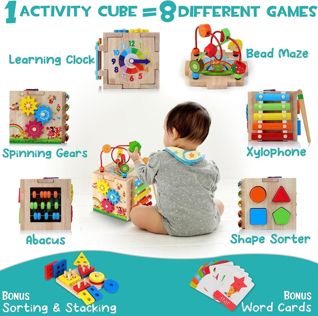 MINDBLOX – Montessori Wooden 8-in-1 Learning Cube for Toddlers with Learning Games