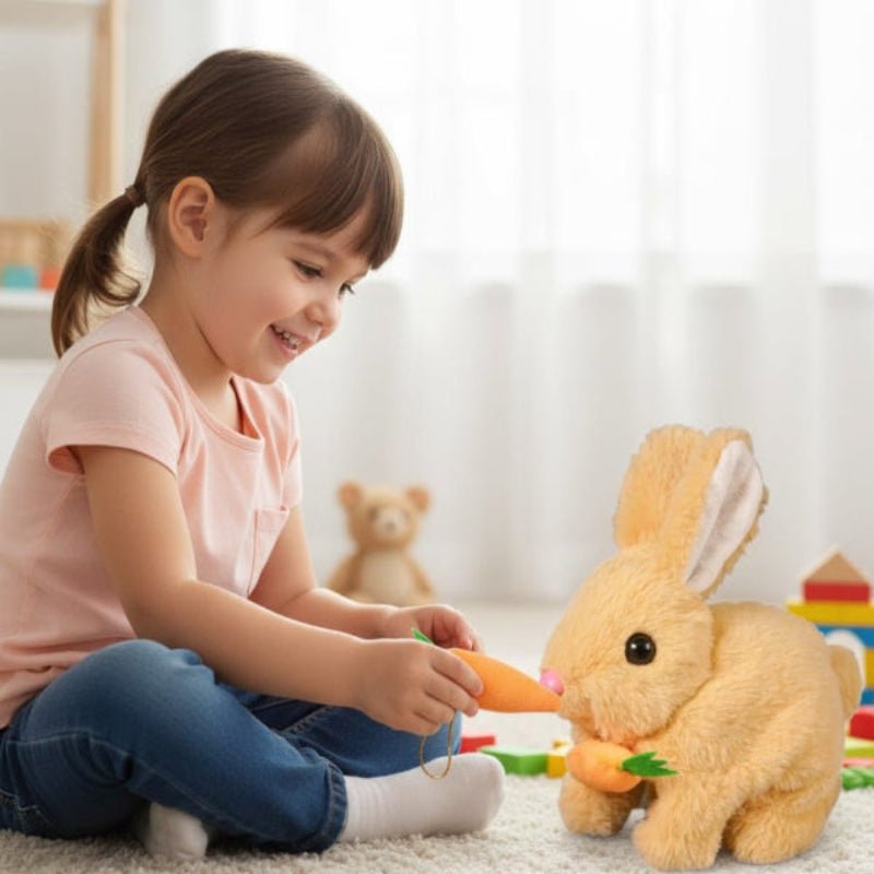 BUNNYBLOOM – Cute Electric Rabbit with Carrot & Wiggling Ears Plush Toy